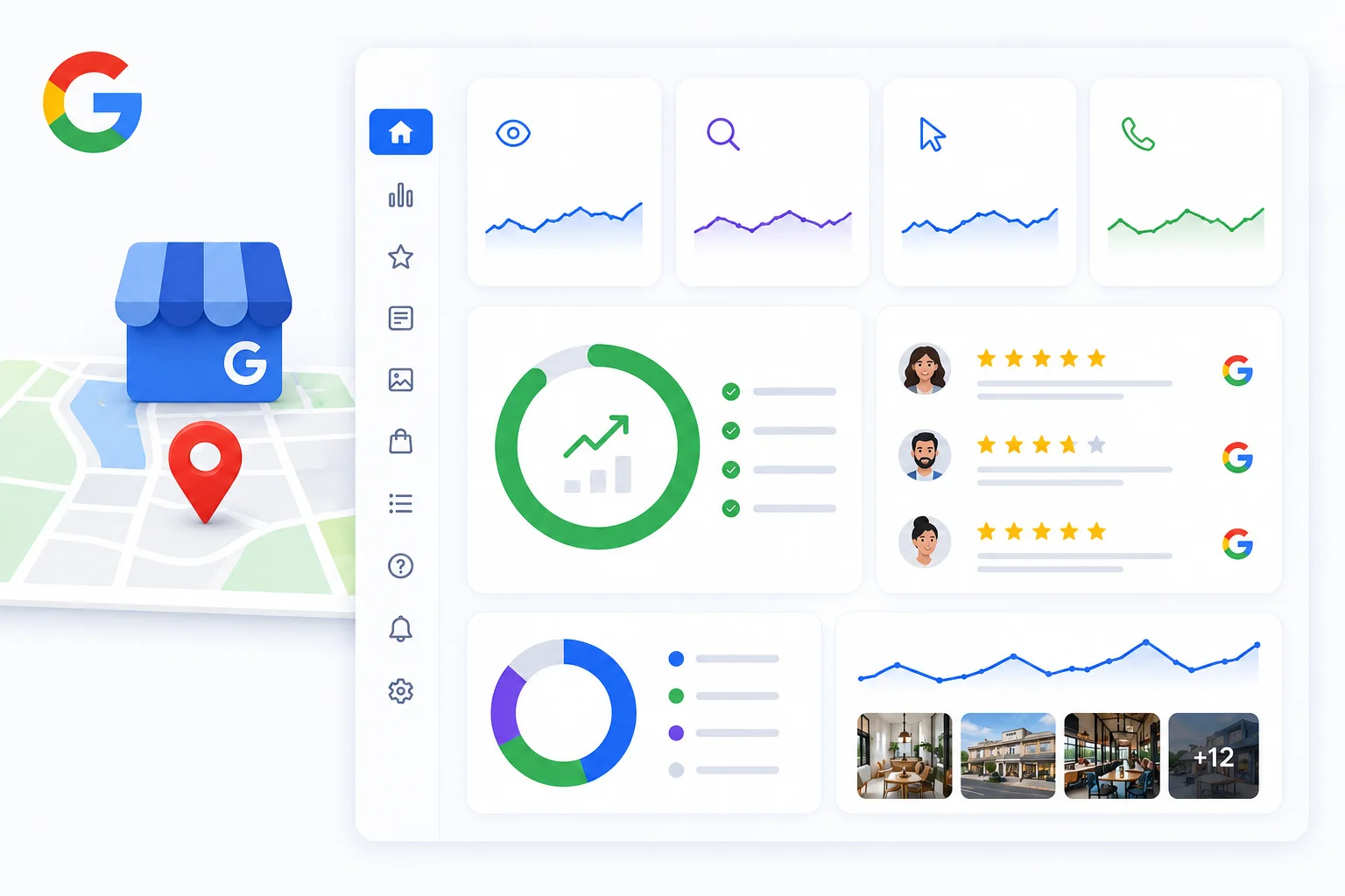 Google Business Profile Manager dashboard showing views, searches, calls, profile strength and latest reviews