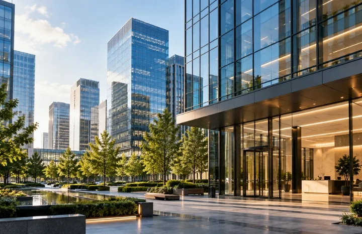 Glass office towers of a corporate business district at sunset