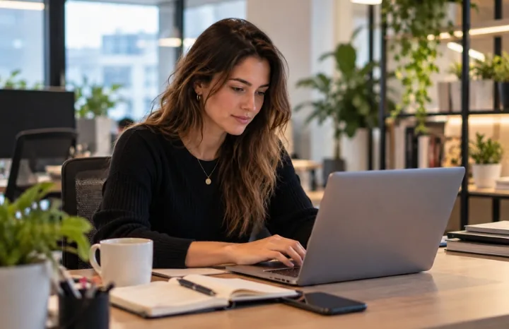An SEO consultant working on a laptop at a desk in a bright office