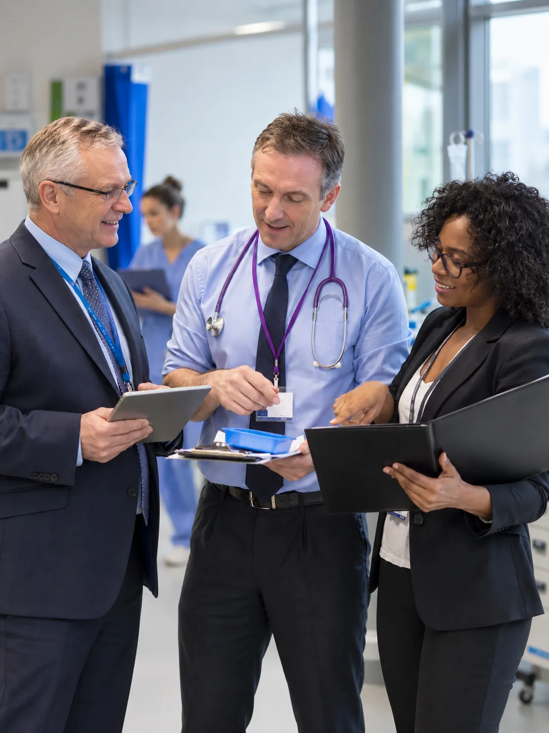 A doctor reviewing notes with two colleagues on a hospital ward